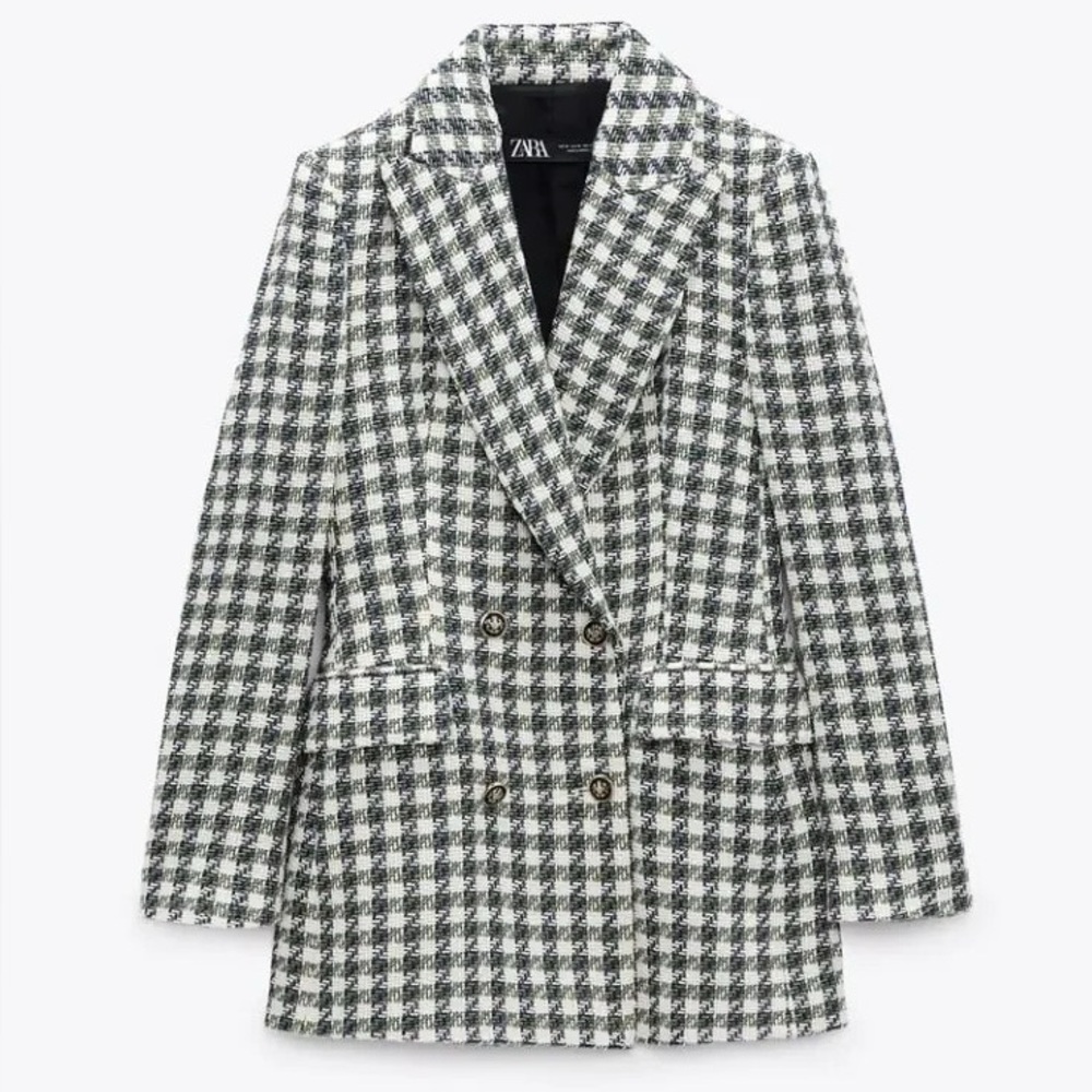 ZARA Double-Breasted Houndstooth Tweed Blazer Jacket Green Ivory Navy Size S